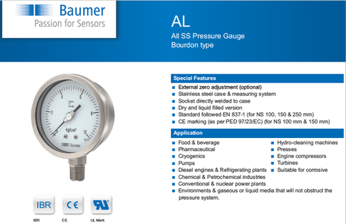 Analog Silver Baumer SS Pressure Gauge, Model Number: AL