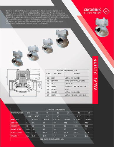 CRYOSE CRYOGENIC CHECK VALVE, Size: 10 NB TO 50 NB