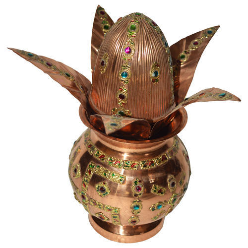 Stone Work Copper Traditional Kalash For Pooja, for Worship