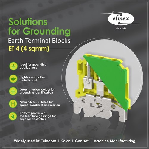 ET4 ELMEX Earth Terminals Connectors Screw Clamp, 6 Mm, Green-Yellow