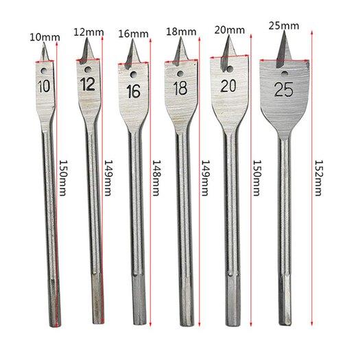 Flat Drill Bit Set For Wood- 10 Mm, 12mm, 16mm, 18mm, 20mm, 25 Mm (Set Of 6)