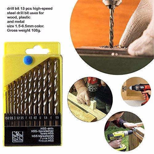 High-Speed Drill Bits for Wood, Malleable Iron, Aluminum, Plastic - Set of 13 Pieces