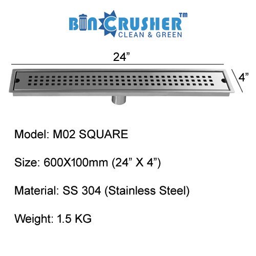 600 Stainless Steel 304 BinCrusher M02 Square - Long Nanhi Trap Floor Drain