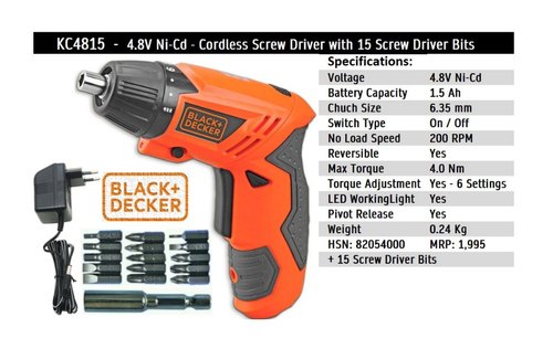 Black decker Cirdless Screw driver eith 15 bit, Model Number/Name: Kc 4815