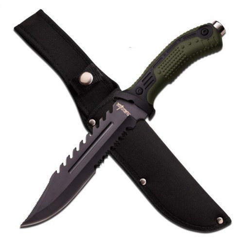 Survivor 12.75 Inch Fixed Blade Tactical Survival Knife Dark Green Rubber Nylon Fiber Handle
