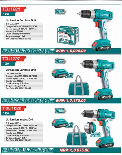 TOTAL 6 mm Lithium-lon Cordless Drill, 12V, Model Name/Number: TDLI1221