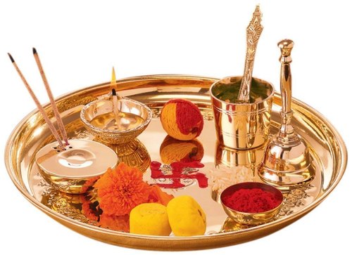 Gold Round Brass Puja pooja Thali (Z135 A), Dimension: 10*10*1